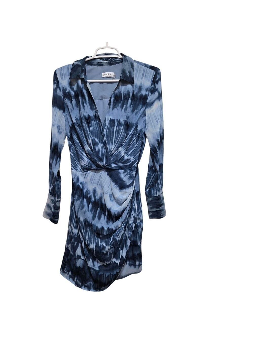 Calvin Klein Faux Wrap Tie Dye Shirt Dress Blue Small Medium